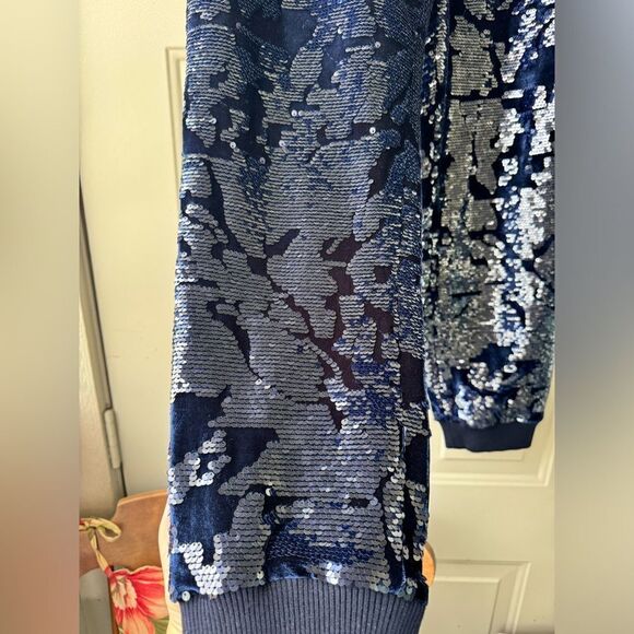 Anthropologie ett:twa Sequin Velvet Joggers Holiday Sparkle navy blue Medium M - Picture 7 of 16